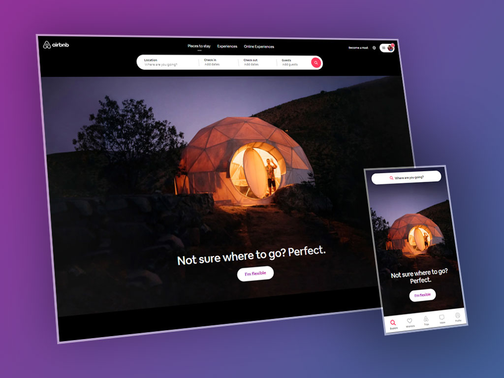 Screenshots of the Airbnb homepage on desktop and on mobile.