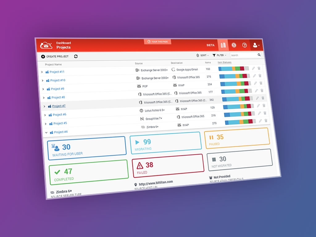 Screenshot of the MigrationWiz application dashboard I coded at BitTitan.