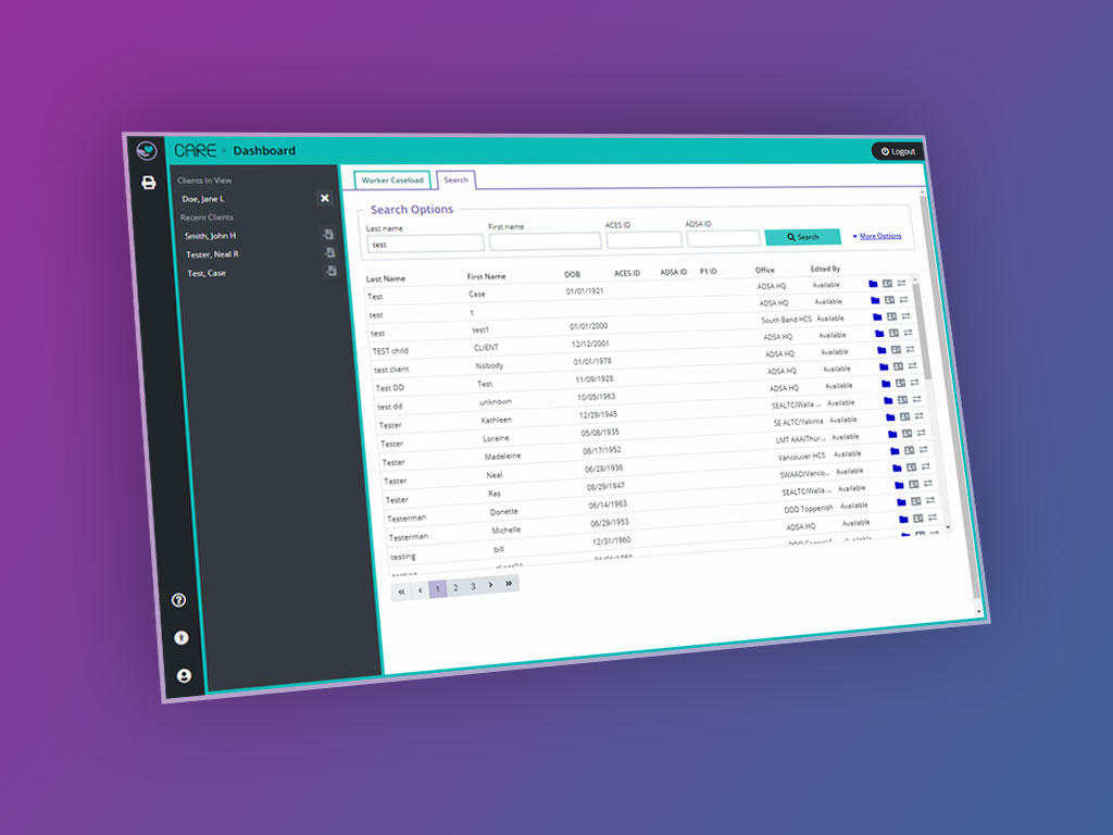 Screenshot of the CARE application dashboard I coded at DSHS.